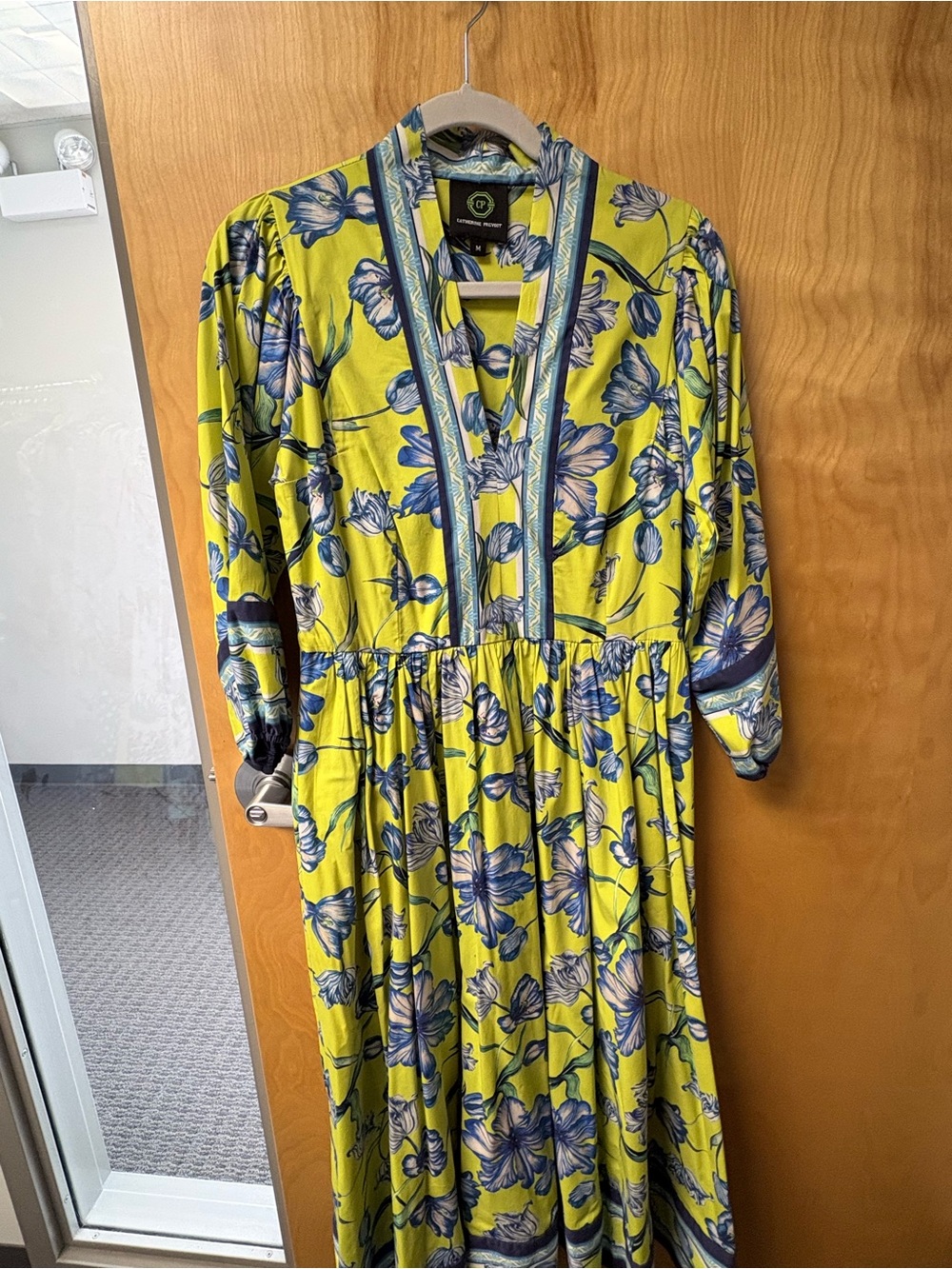 Women's Yellow Floral Maxi Dress with Blue Print - V-Neck Maxi